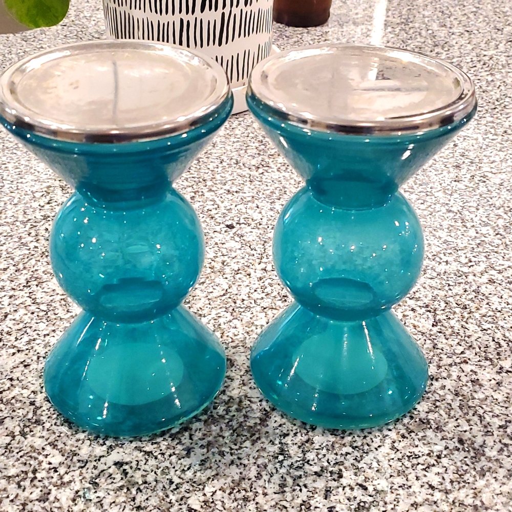 Teal glass candle holders for that perfect pop of color.